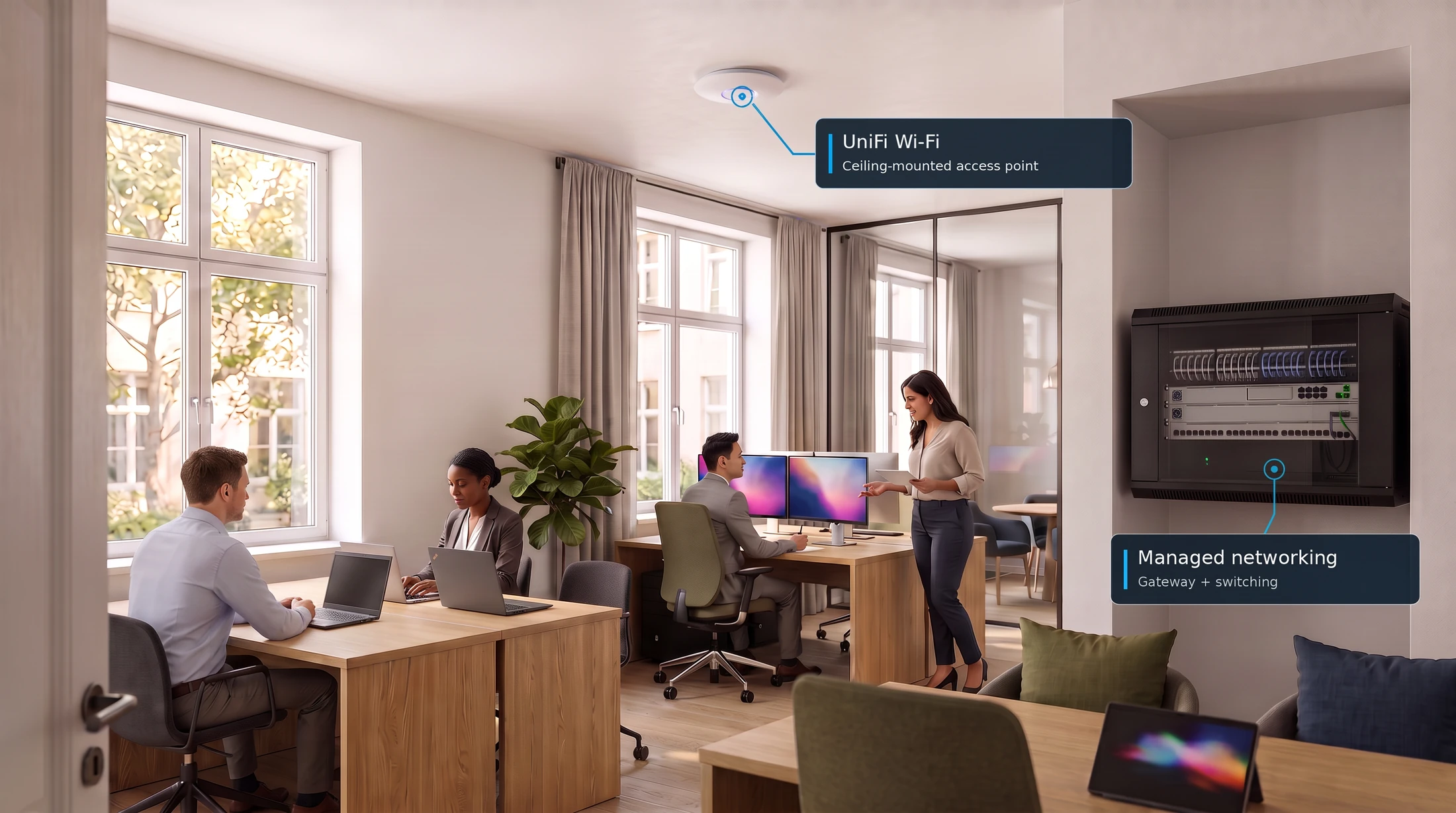 AI-generated office scene illustrating business Wi-Fi and managed networking.