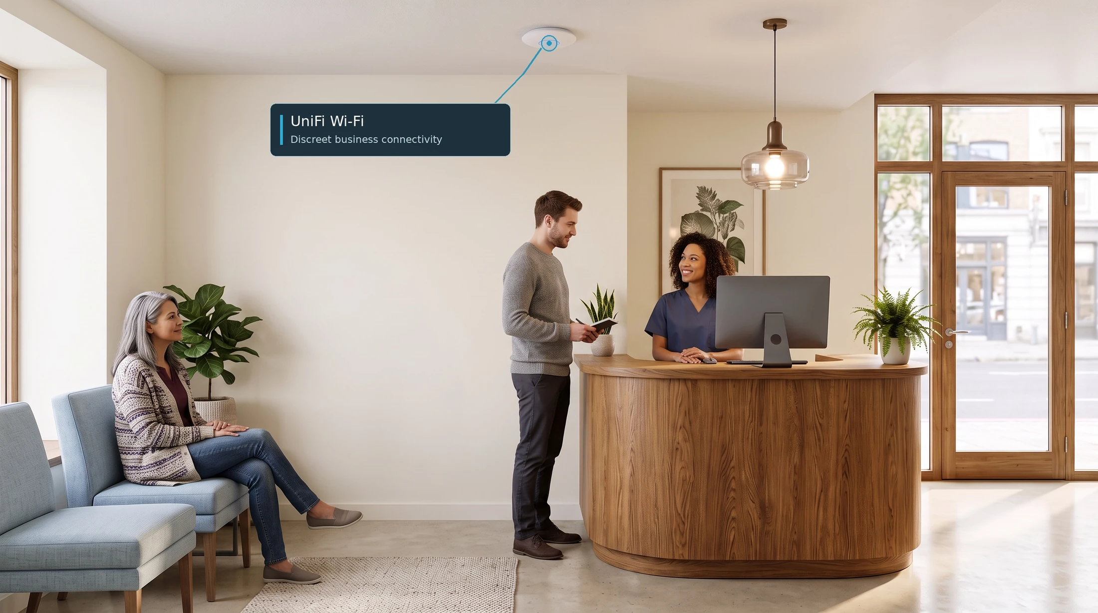 AI-generated dental reception illustrating discreet business Wi-Fi.