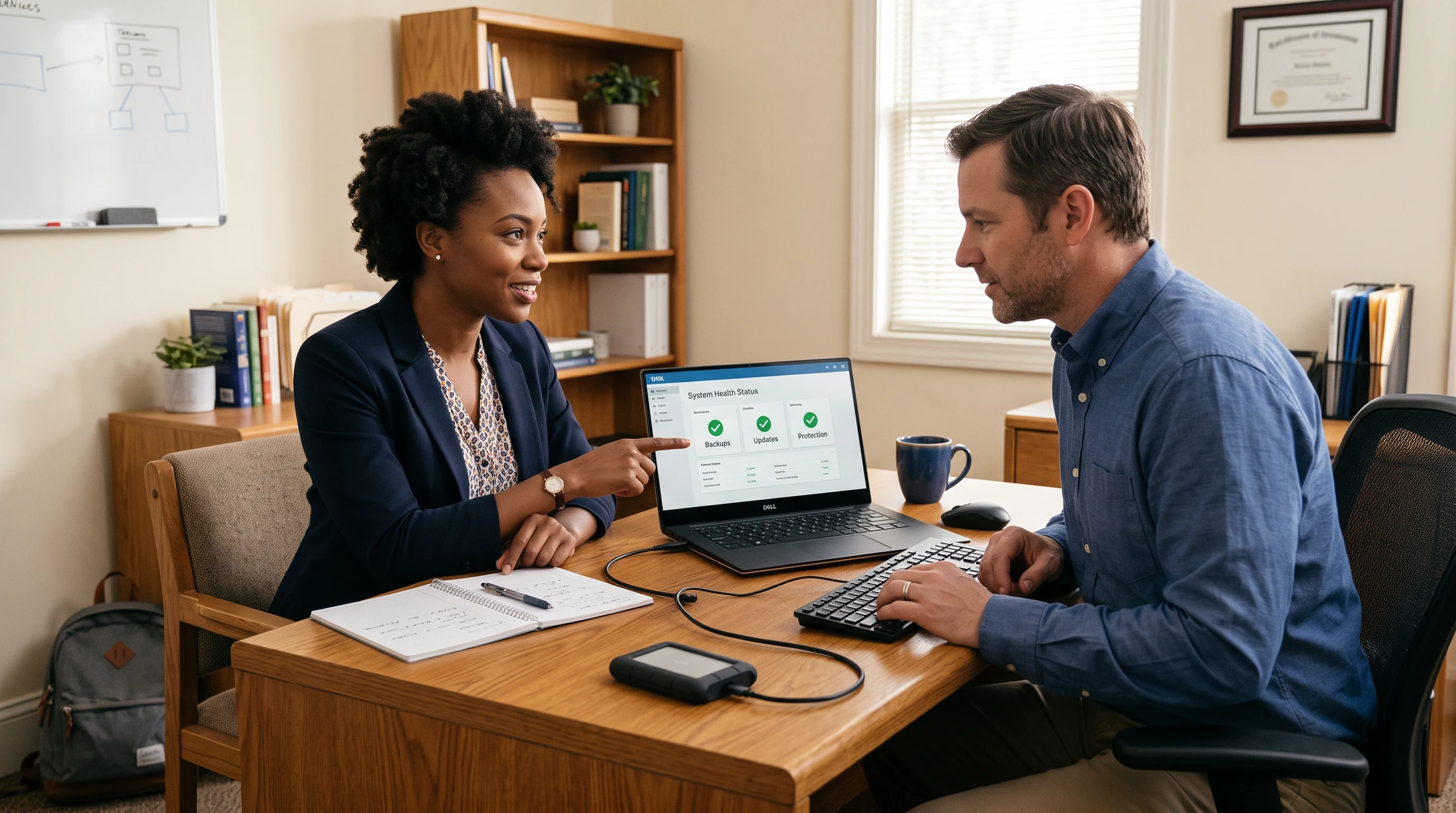 AI-generated illustration of an IT consultant and business owner reviewing backups, updates and protection.